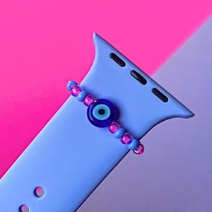Cute Evil Eye Watch Charm, Apple Watch Accessories, Protection from Evil, Pink Purple Beaded Stretchy Watch Ring, Gift for bestie,
