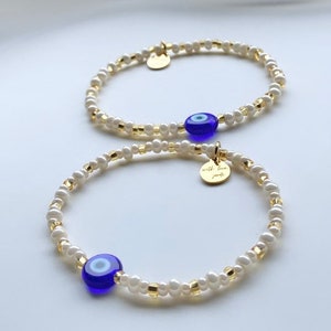 Dainty Evil Eye 14k Gold Plated, Minimalist Boho Chic Beaded Stretch Bracelet Glass beads , mal de ojo, protection, Turkish eye Amulet Blue