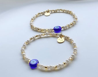Dainty Evil Eye 14k Gold Plated, Minimalist Boho Chic Beaded Stretch Bracelet Glass beads , mal de ojo, protection, Turkish eye Amulet Blue