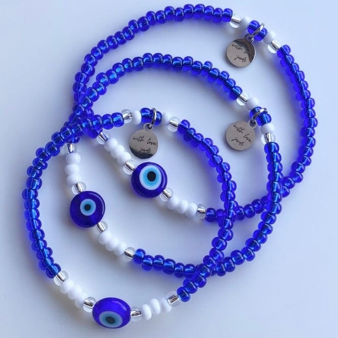 Evil Eye Bracelet, Beaded Evil Eye Bracelet, Amulet Protection, Mal de Ojo Pulsera, Beaded Bracelet,glass beads , Nazar Jewelry indigo blue