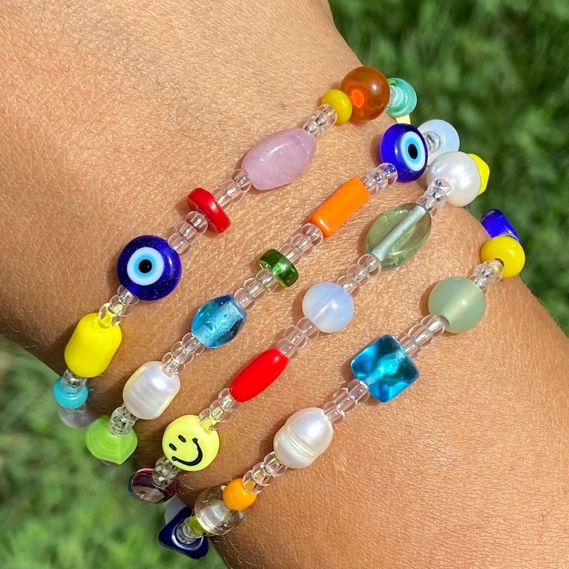 Lucky Evil Eye Beaded Friendship Bracelet, Protection Jewelry, Colorful Mal de ojo, Eclectic  Glass Charm, Rainbow Multicolor Boho Cute