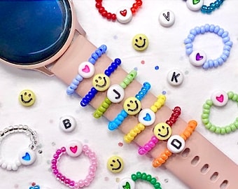 1 Custom Halo Watch Charm, Beaded Apple Watch Ring, Personalized Tech Gifts, Samsung Watch Band Accessories, Smiley Face, Heart or Initial