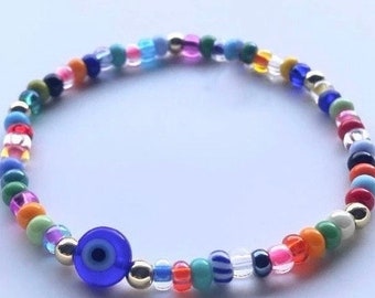 Lucky Evil Eye Beaded Bracelet, 14k gold plated, Protection Jewelry, Colorful Mal de ojo, Turkish Eye Amulet Charm, Rainbow Multicolor Boho