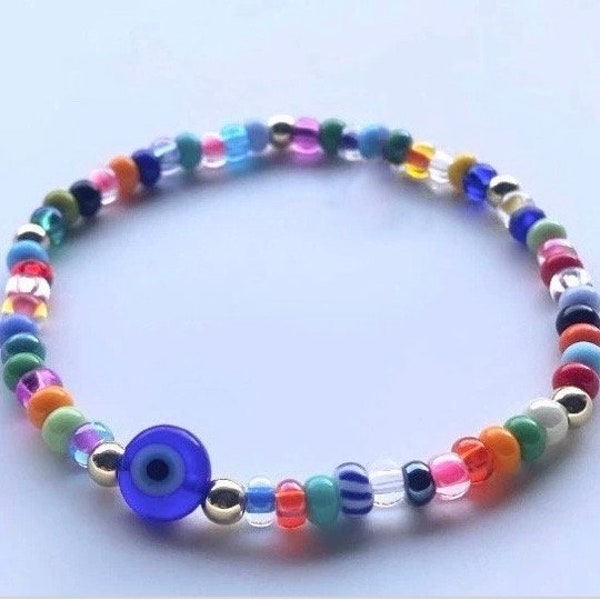 Bracelet de perles porte-bonheur, plaqué or 14 carats, bijoux de protection, Mal de ojo coloré, breloque amulette oeil turc, bohème multicolore arc-en-ciel