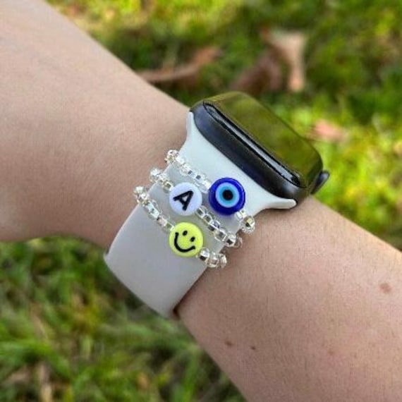 Evil Eye Halo Watch Charm Set of 3, Y2K Smiley Watch Accessories, Trendy Tech, Beaded Personalized Initial, AppleCharms, Happy Face Blue