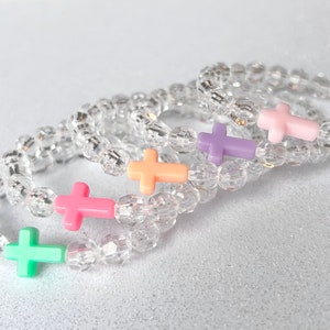 Pulsera Cruz de Cristal Infantil, Joyería Cristiana, Pulseras Cuentas Pastel, Comunión Religiosa, Regalo de Bautismo, Pascua, Regalo para Niño