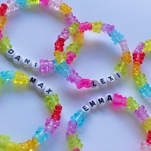 Gummy Bear Candy Bracelets with Cute Acrylic Hearts and Candy Coloured Beads, Freshwater Pearls and opalite. Kawaii Jewellery.