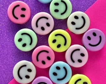 Jumbo Smiley Beads, Happy Face Emoji Charm, Pastel Rainbow, Jumbo, Chunky pendant, 15mm 14pcs