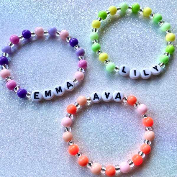 Kids Name Bracelet, Personalized Child Jewelry, Letter Bracelets, Custom Word Pastel Beaded Bracelets, birthday party favor