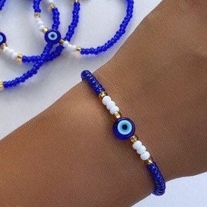 Evil Eye Bracelet 14k plated, Beaded Evil Eye Bracelet, Amulet Protection, Mal de Ojo Pulsera, Beaded Bracelet, Nazar Jewelry pulsera, Blue