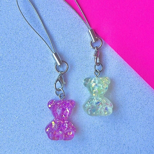 Glitter Teddy Bear Phone Charm, Backpack Charms, Cell Phone Gummy Bear Charms, Tech Accessories, Zipper Purse, Mini Lanyard, Y2K, Kidcore