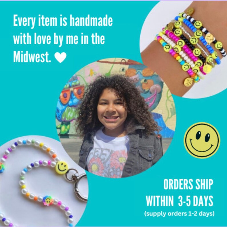 May include: A young person wearing a white t-shirt with a floral design and a denim jacket. The person is smiling and looking at the camera. The person is standing in front of a colorful mural. The image also shows a colorful beaded lanyard with a smiley face charm. The text "ORDERS SHIP WITHIN 3-5 DAYS (supply orders 1-2 days)" is visible at the bottom of the image.