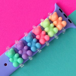 Pastel Gummy Bear Watch Charm, Apple Watchband Accessories, Beaded Teddy Bear, Cute Stretchy Watch Ring, Y2K preppy, gifts for teen