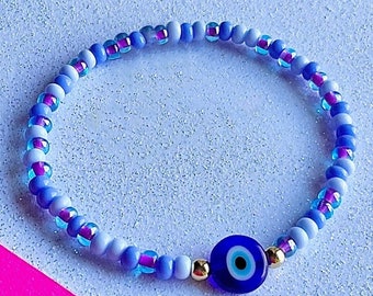 Evil Eye Bracelet, Protection from Evil, Mal de Ojo Pulsera, Colorful Stretchy Beaded Bracelet, Nazar Jewelry, Handmade Gifts Under 20