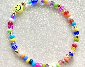 Lucky Smile Face Bracelet, 14k gold plated, Y2K Preppy Jewelry, Colorful Mal de Ojo, Handmade Jewellery Charm, Rainbow Multicolor Beaded