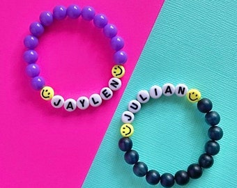 Kids Smiley Name Bracelet, Personalized Child Jewelry, Letter Bracelets, Custom Word Colorful Beaded Bracelets, birthday party favor gift