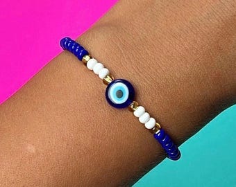 Evil Eye Bracelet 14k plated, Beaded Evil Eye Bracelet, Amulet Protection, Mal de Ojo Pulsera, Beaded Bracelet, Nazar Jewelry pulsera, Blue
