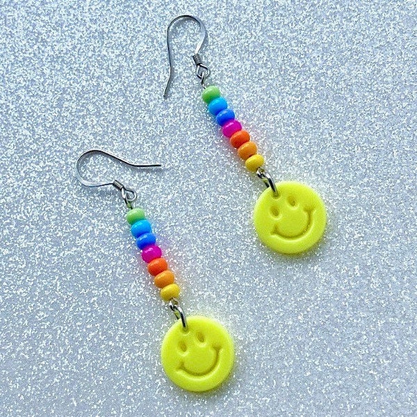 Smiley face Rainbow Earrings, Happy Jewelry, Colorful Handmade Earrings, Cute Smile Face Jewellery, Gifts for her, Y2K Preppy Cute Style