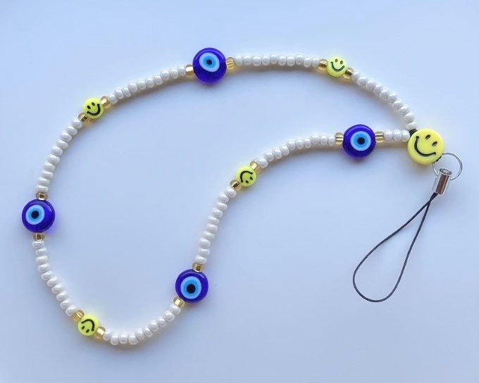Evil Eye Smiley Phone Wrist Strap OR Keychain Beaded Wristlet phone charms, mal de ojo, cell phone accessories, Protection, iPhone Charm