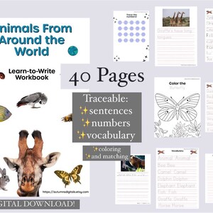 Animales de todo el mundo / Libro de trabajo para aprender a escribir / Descarga digital / Libro de aprendizaje para niños / Oraciones rastreables, números, vocabulario