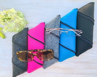 Soft sunglass case, sunglasses pouch and eyewear case. Eight vibrant colours. Pure wool.