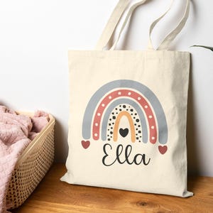 Custom Boho Rainbow Girls Name Cotton Canvas Tote Bag, School Book Bag, Personalized toy Tote, gift for her