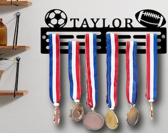 Personalised Medal Hanger Medal Holder Wall Display Rack Football & Rugby Ball