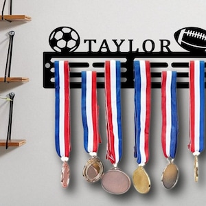 Personalised Medal Hanger Medal Holder Wall Display Rack Football & Rugby Ball