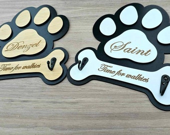 Personalised Wooden Dog Lead Hanger/ Hook Custom Dog Lead Holder Paw Print Hook