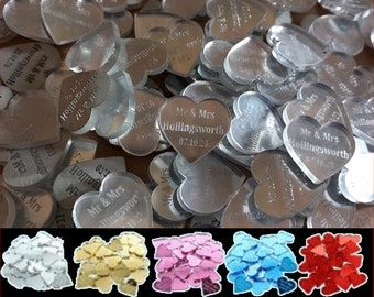 50 x Personalised Silver Gold Rose Gold and more Mirror Heart Wedding Favours Decorations Mr &Mrs