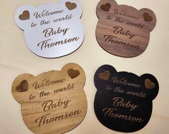 Personalised Baby Arrival Sign Teddy Bear Baby Decor Baby Gift  Social Media Prop  Baby Name Plaque