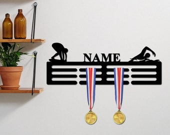 Personalised Medal Hanger Medal Holder Wall Display Rack diver swimmer swimming Any Name Or Text