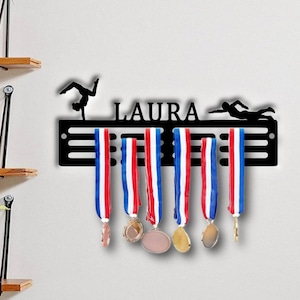 Personalised Medal Hanger Medal Holder Wall Display Rack Gymnastics gymnast and swimmer swimming Any Name Or Text