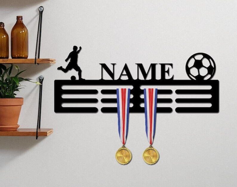 Personalised Medal Hanger Medal Holder Wall Display Rack Football Player Ball Soccer image 1