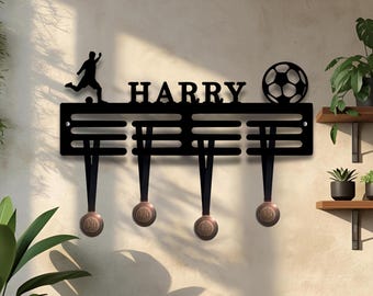Colgador de medallas personalizado, soporte para medallas, estante de exhibición de pared, jugador de fútbol, balón de fútbol