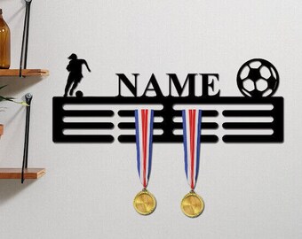 Personalised Medal Hanger Medal Holder Wall Display Rack Female Football Player Ball Soccer