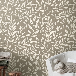 Peel and Stick verwijderbaar behang - Boho botanisch behang - Taupe bloemenbehang - romig beige - Agatha