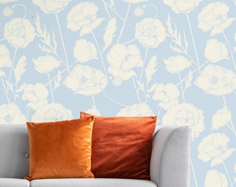 Blue Poppy Wallpaper - Large Floral Pattern - Peel and Stick Removable Wallpaper - Blue Cream Botanical Wallpaper - Montserrat