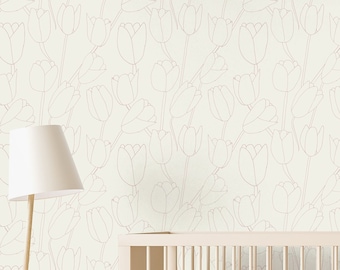 Peel and Stick Removable Wallpaper - Pink Tulip Line Art Wallpaper - Large Scale Tulip Art - Pale Pink Cream - Amelia