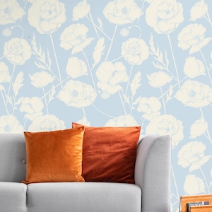 Blue Poppy Wallpaper - Large Floral Pattern - Peel and Stick Removable Wallpaper - Blue Cream Botanical Wallpaper - Montserrat