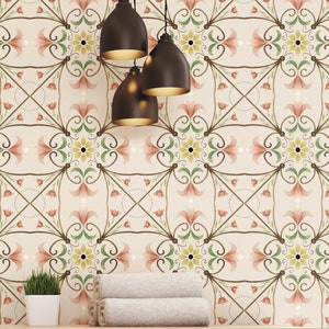 Peel and Stick Removable Fabric Wallpaper - Vintage Inspired Wallpaper - Pink Yellow Green Floral Wallpaper - Odette