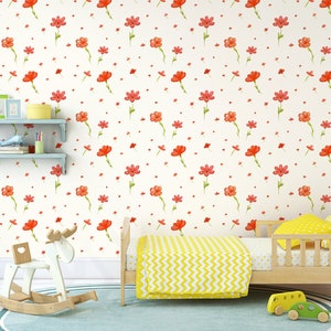 Red Poppy Wallpaper - Large Red Flower Wallpaper - Peel and Stick Removable Floral Wallpaper - Easy Temporary Wallpaper - Large Lotti