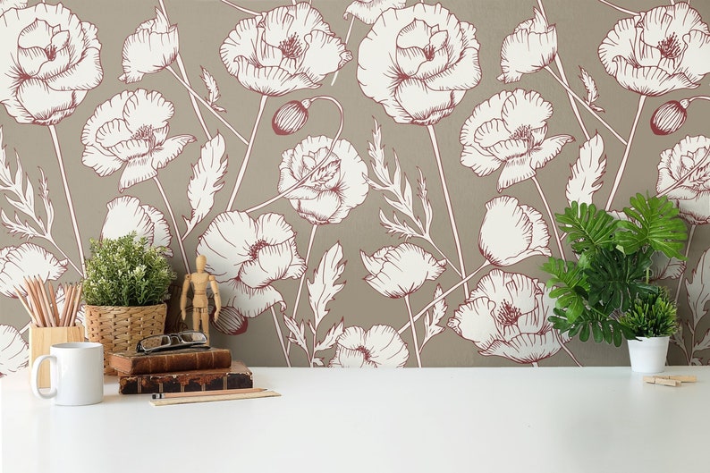 Poppy Floral Botanical Wallpaper Luxury Selfadhesive Fabric Etsy