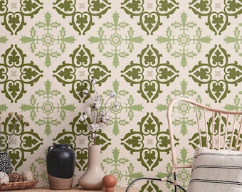 Peel and Stick Removable Fabric Wallpaper - Celtic Inspired Floral - Vintage Floral Wallpaper - Freya Green