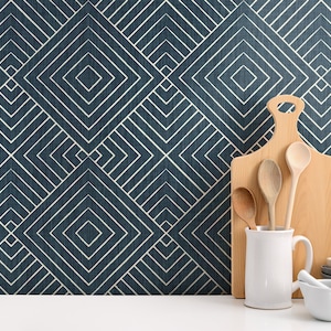 Blue Line Art Wallpaper - Modernes Geometrisches Abziehen und Aufkleben Entfernbare Stofftapete - Blaue Creme Moderne Tapete - Leland