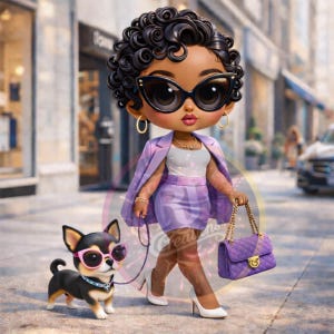 Peut inclure: Illustration d'une femme à la peau foncée, vêtue d'un blazer, d'une jupe et de talons violets, tenant un sac à main assorti. Elle promène un petit chien portant des lunettes de soleil roses. L'arrière-plan montre une rue de la ville.