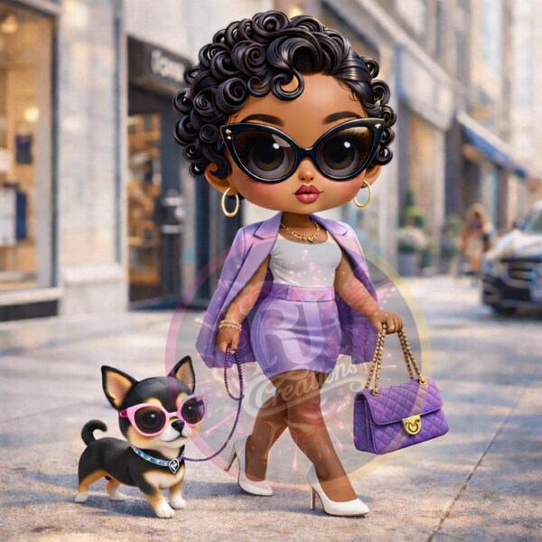 Pakiet clipartów Fashion Diva w formacie PNG | Czarna kobieta i mama psa (pobieranie cyfrowe)