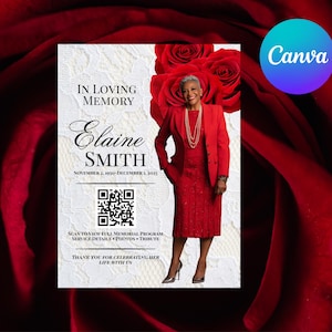 May include: A memorial card featuring a woman in a red suit, with red roses in the background. The card reads "In Loving Memory Elaine Smith" with dates and a QR code. The Canva logo is in the upper right corner.