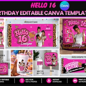 Può includere: Una collezione di modelli di compleanno modificabili con un tema rosa e stampa leopardata con il marchio Hello 16. Gli articoli includono un sacchetto di patatine, un involucro per barretta di cioccolato, uno sfondo, un'etichetta Capri Sun, un adesivo per bicchiere, un'etichetta per bottiglia d'acqua, un ventaglio e un involucro per dolcetti Rice Krispie.
