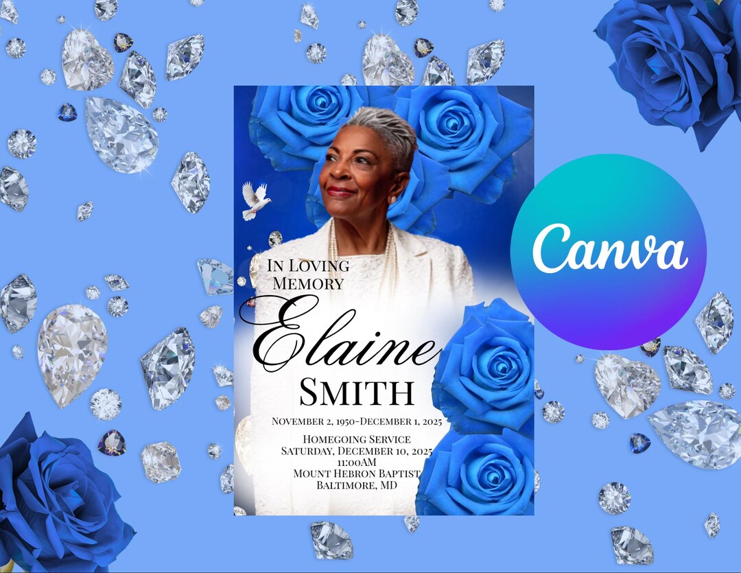 Royal Blue Rose Funeral Program Template • Elegant Memorial (canva ...